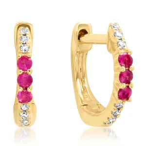 Delicate Diamond & Ruby Huggie Hoop Earrings