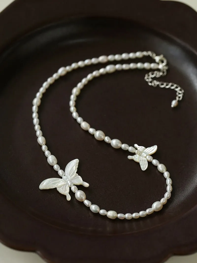 Delicate Mother of Pearls Black Butterfly Black Spinel Pearl Beaded Necklace