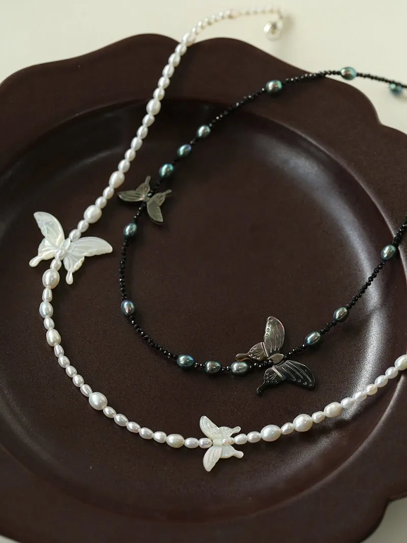 Delicate Mother of Pearls Black Butterfly Black Spinel Pearl Beaded Necklace