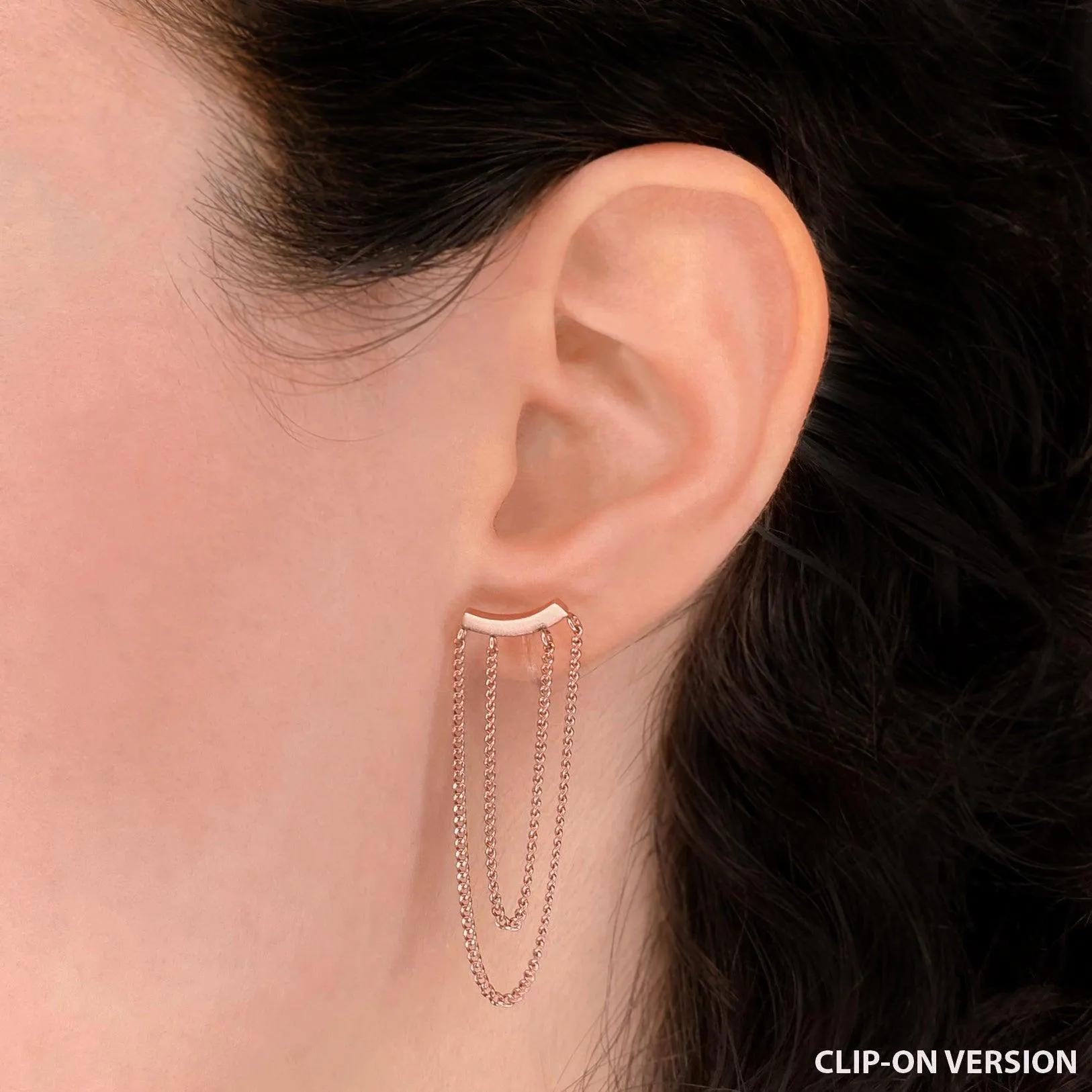 DOUBLE CHAIN DANGLE CLIP-ON EARRINGS IN ROSE GOLD