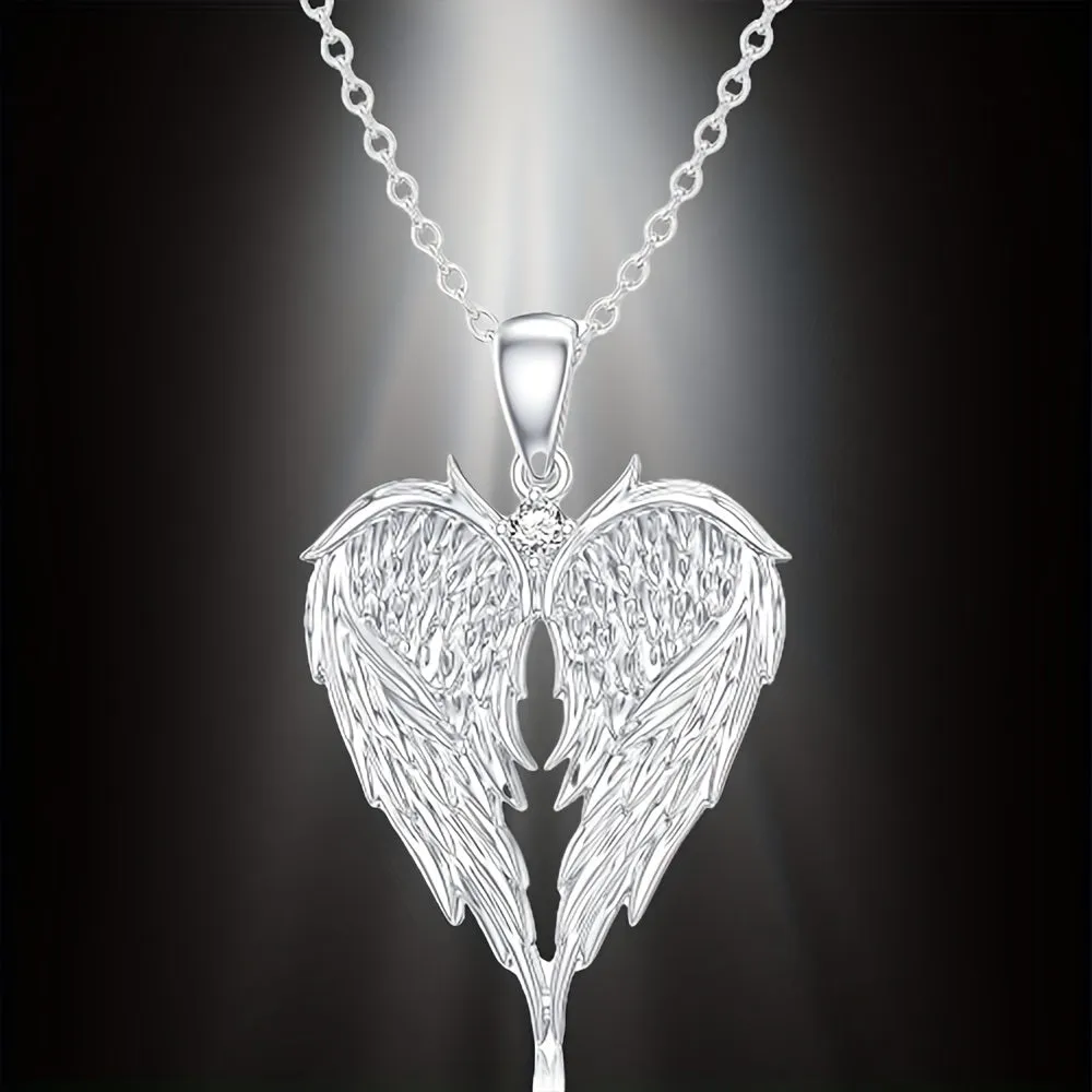 Elegant Angel Wing Heart Shaped Pendant Necklace, Exquisite Fashionable Elegant Versatile Banquet Party Daily Wear Jewelry Gift For Women