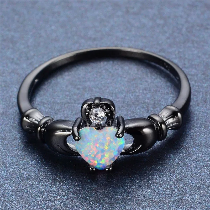 Elegant Heart Cut Rainbow Opal Claddagh Ring