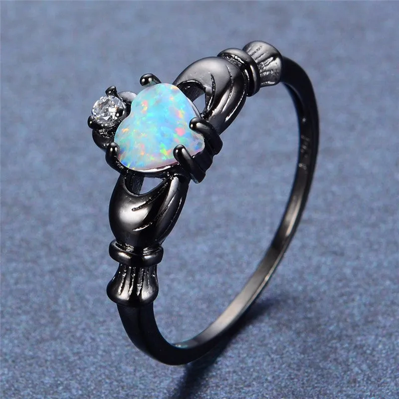 Elegant Heart Cut Rainbow Opal Claddagh Ring