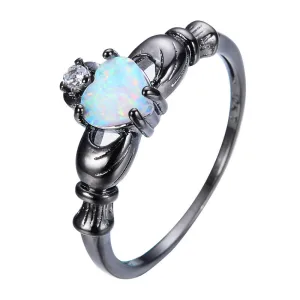 Elegant Heart Cut Rainbow Opal Claddagh Ring