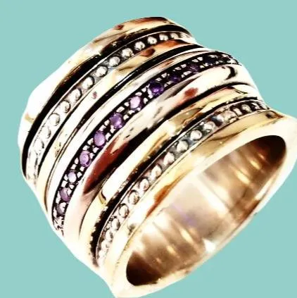 Elegant Spinner ring silver and gold for woman, Amethyst zircons rings