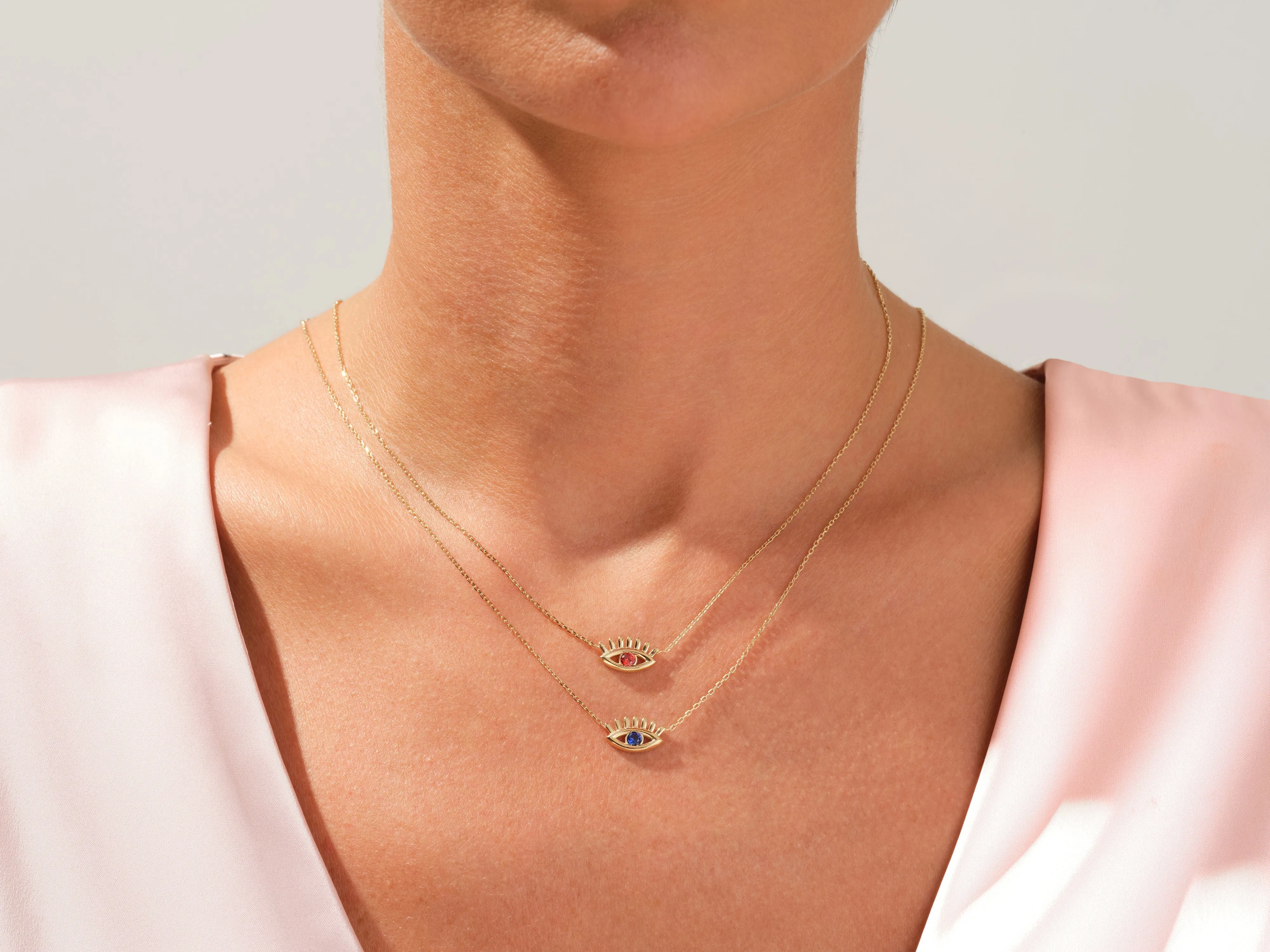 Evil Eye Birthstone Necklace in 14k Solid Gold