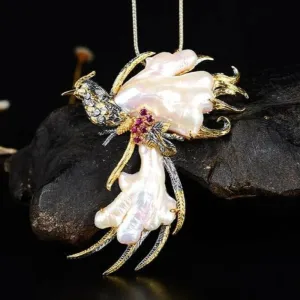 Exquisite Phoenix Necklace Pendant/Brooch with Freshwater Pearls and Tourmaline