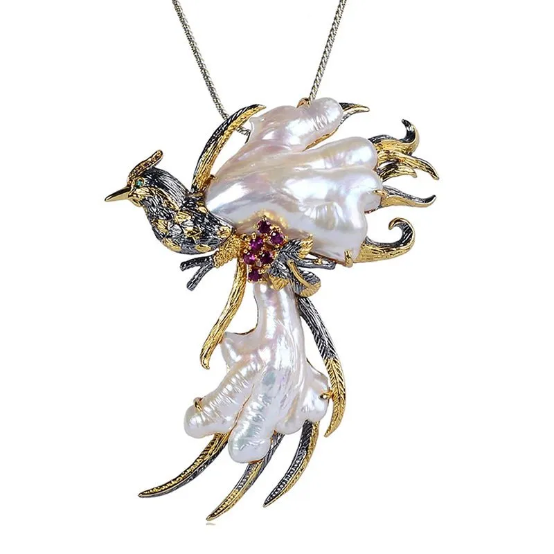 Exquisite Phoenix Necklace Pendant/Brooch with Freshwater Pearls and Tourmaline