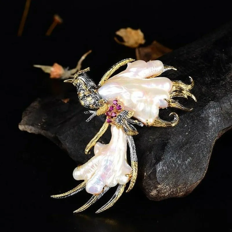 Exquisite Phoenix Necklace Pendant/Brooch with Freshwater Pearls and Tourmaline