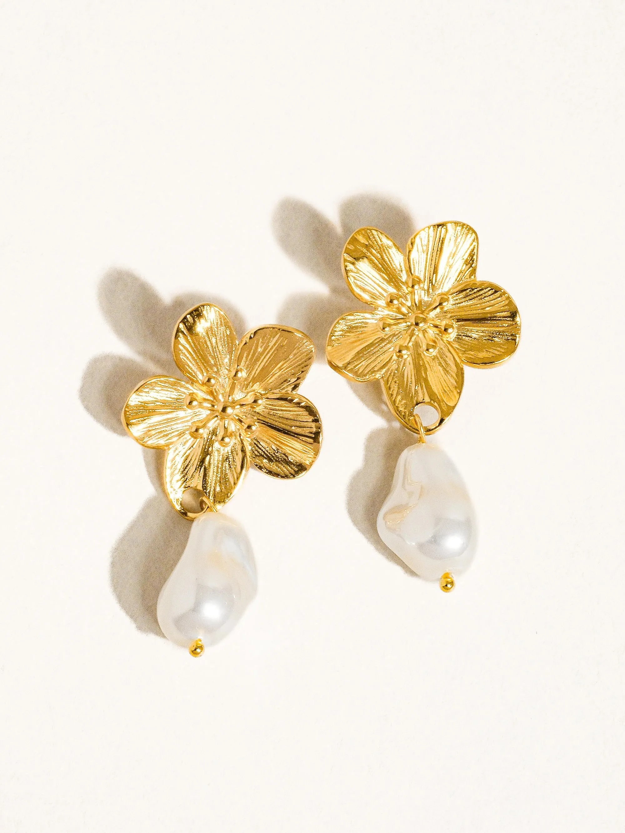 Flower Pearl Earrings, Gold