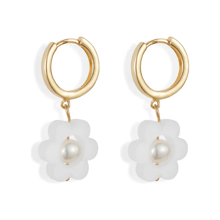 Flower Pearl Huggie Earrings White