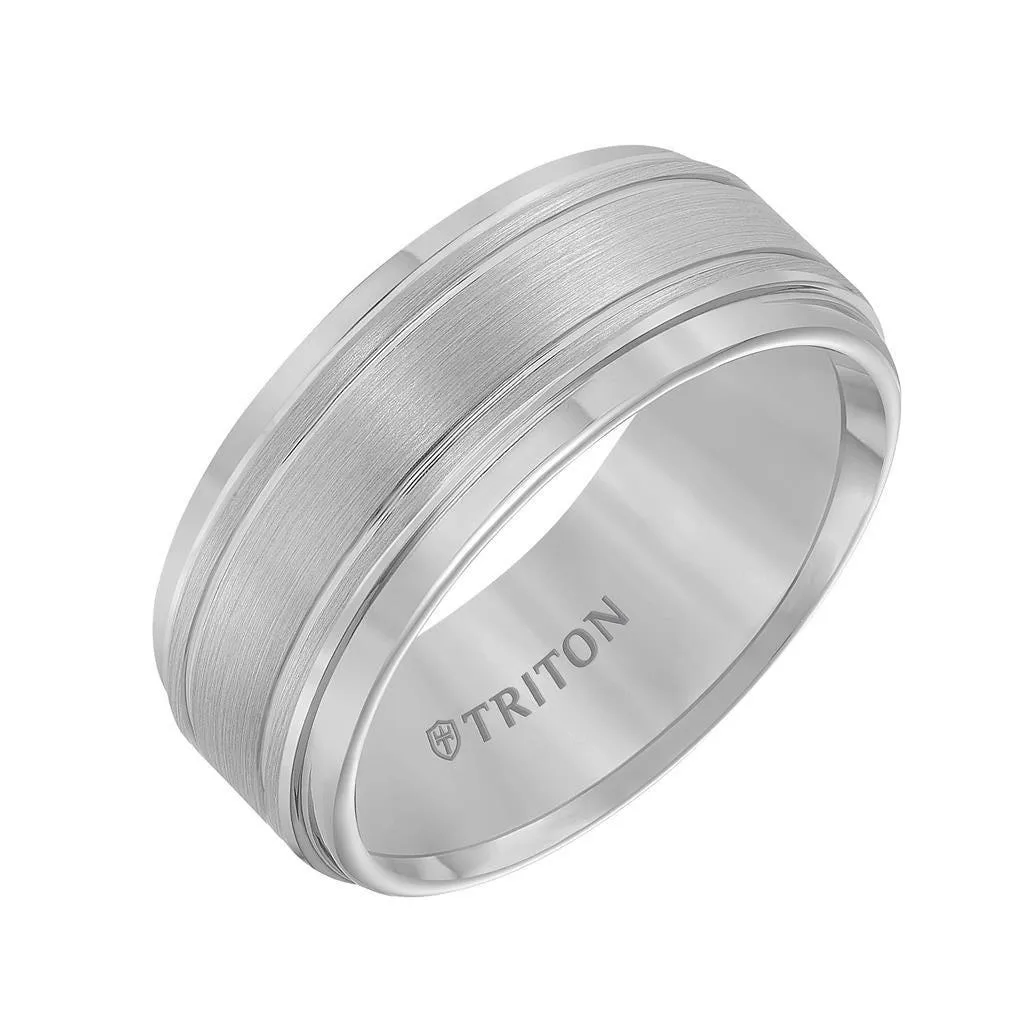 FREDERICK Step Edge Tungsten Carbide Comfort Fit Ring with Raised Brushed Center and Polished Offset Grooves by Triton Rings - 9 mm