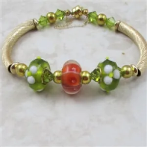 Gold Bangle Bracelet Artisan Handmade  Olive & Melon Bead Accents