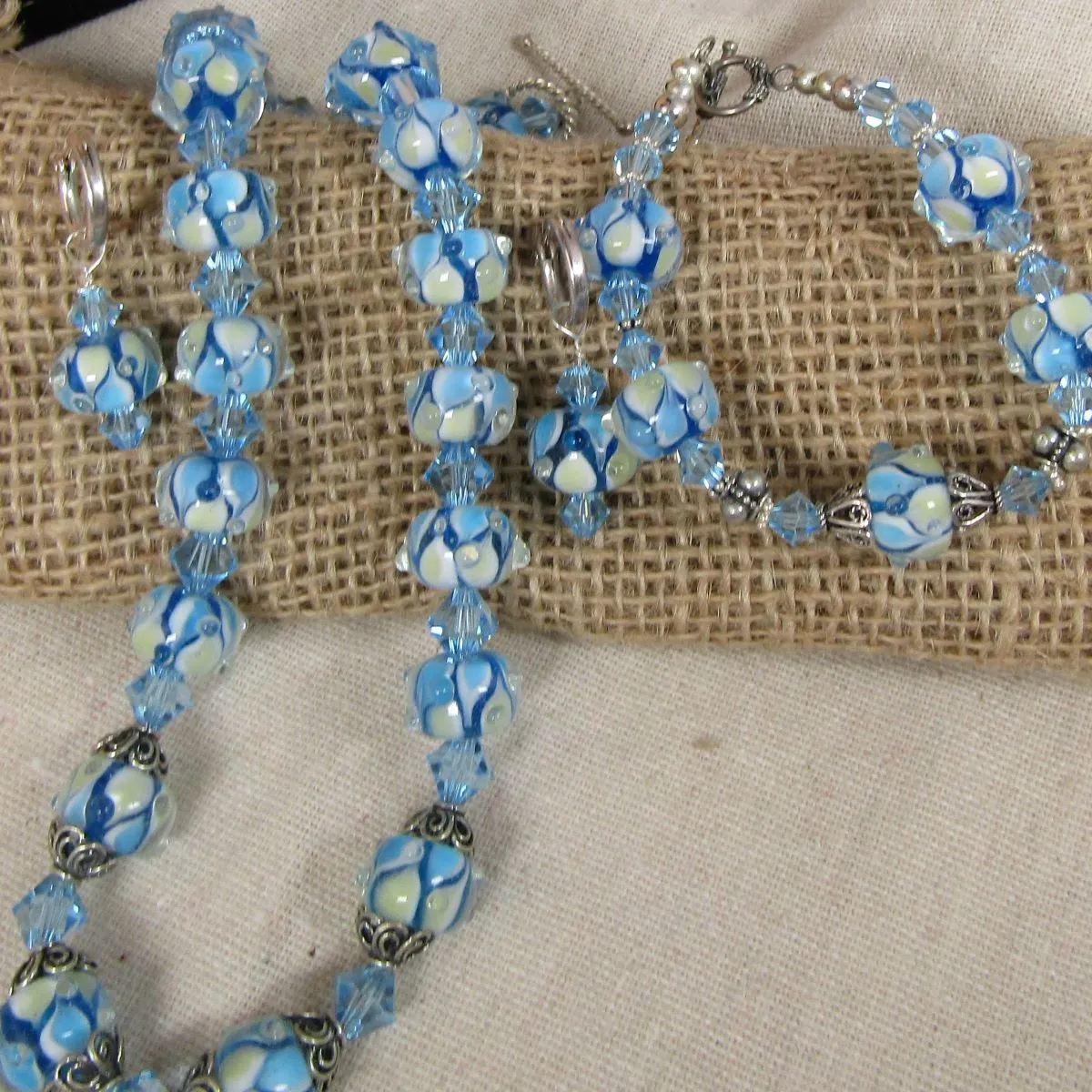 Handmade Aqua and Champagne Beaded Jewelry Set