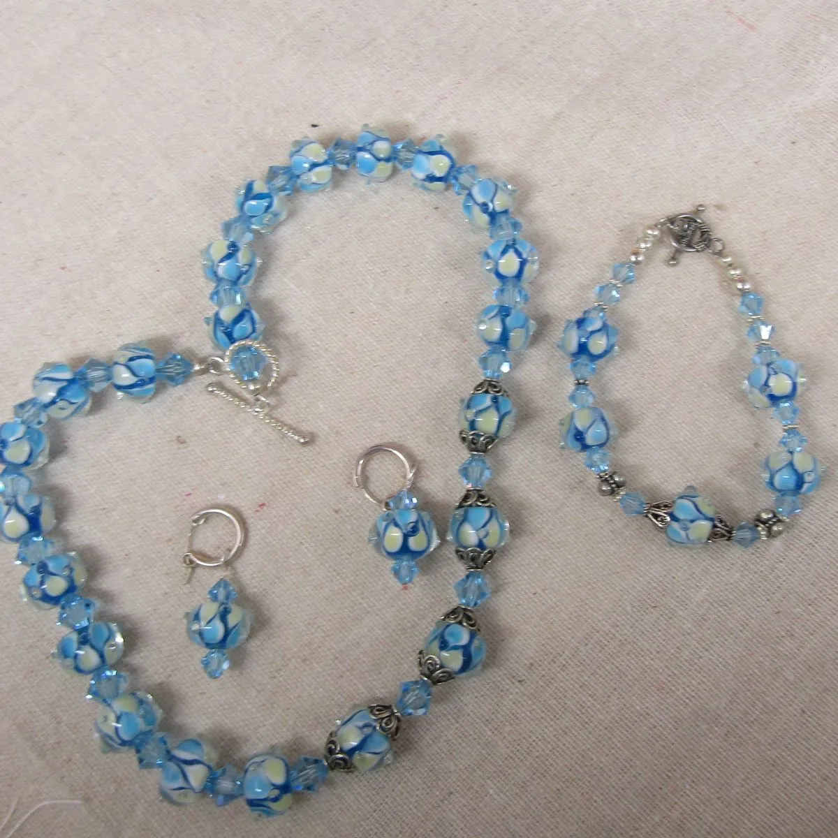 Handmade Aqua and Champagne Beaded Jewelry Set