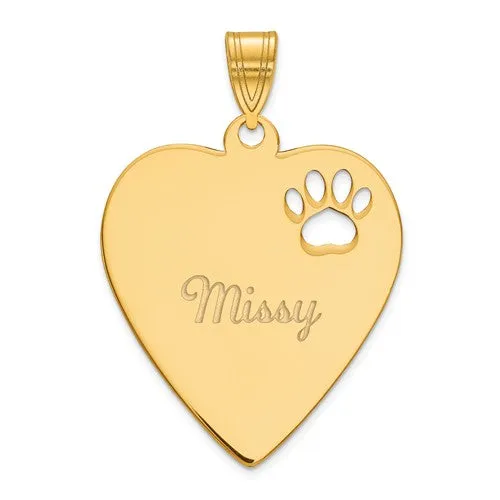 Heart With Dog Paw Print and Engraved Name Pendant