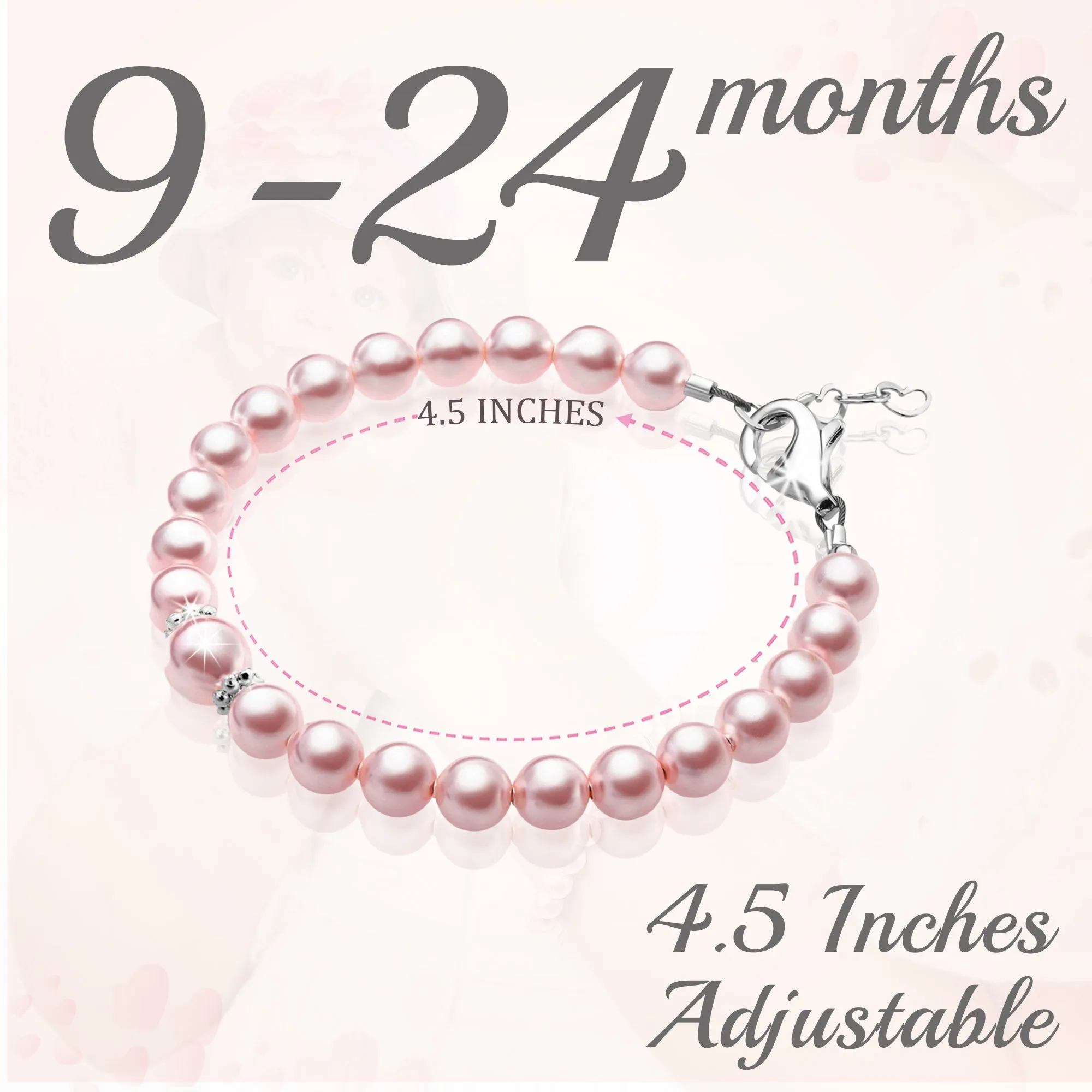 Infant Baby Girl Bracelet with Pink Pearl & Silver Daises