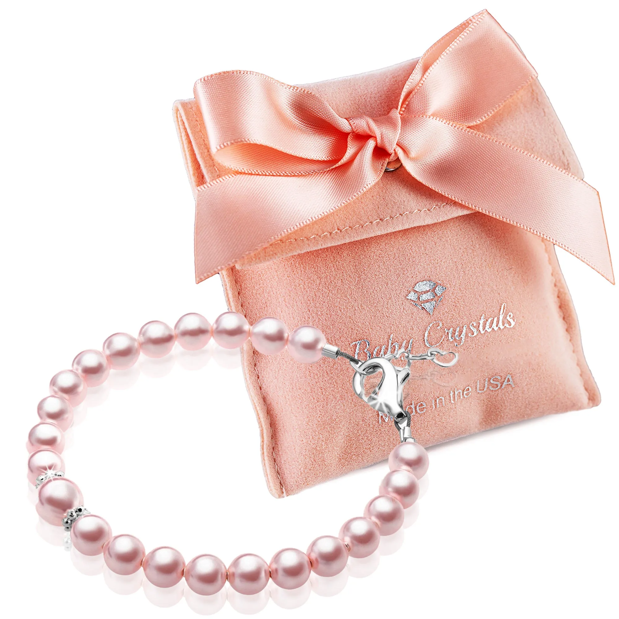 Infant Baby Girl Bracelet with Pink Pearl & Silver Daises