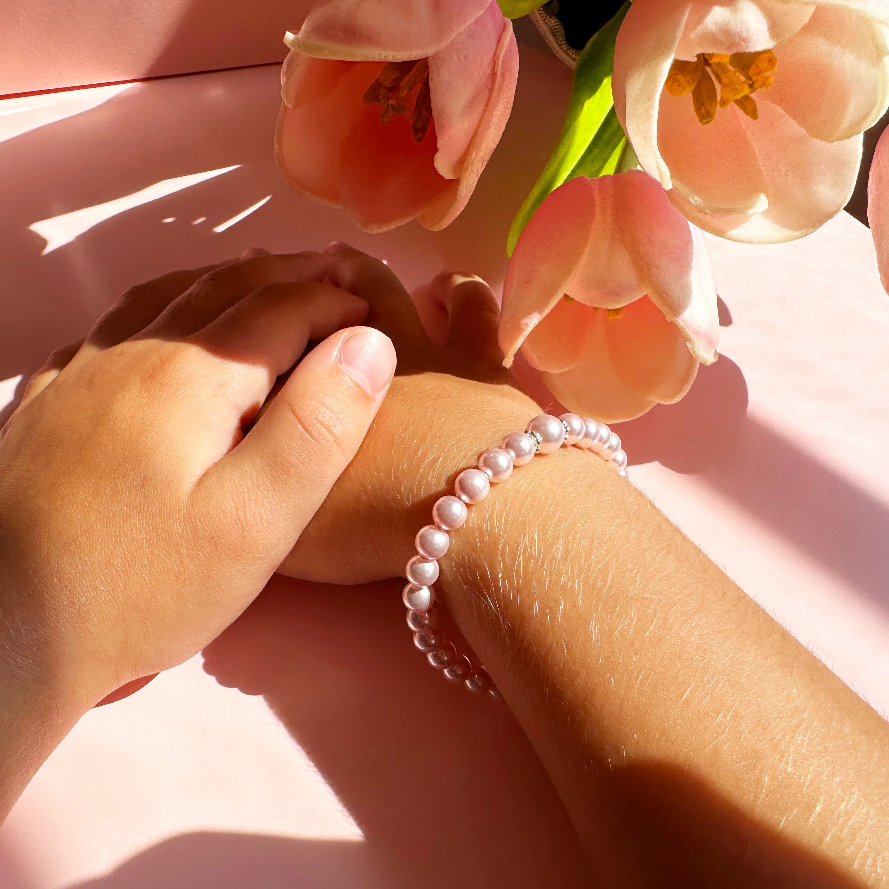 Infant Baby Girl Bracelet with Pink Pearl & Silver Daises