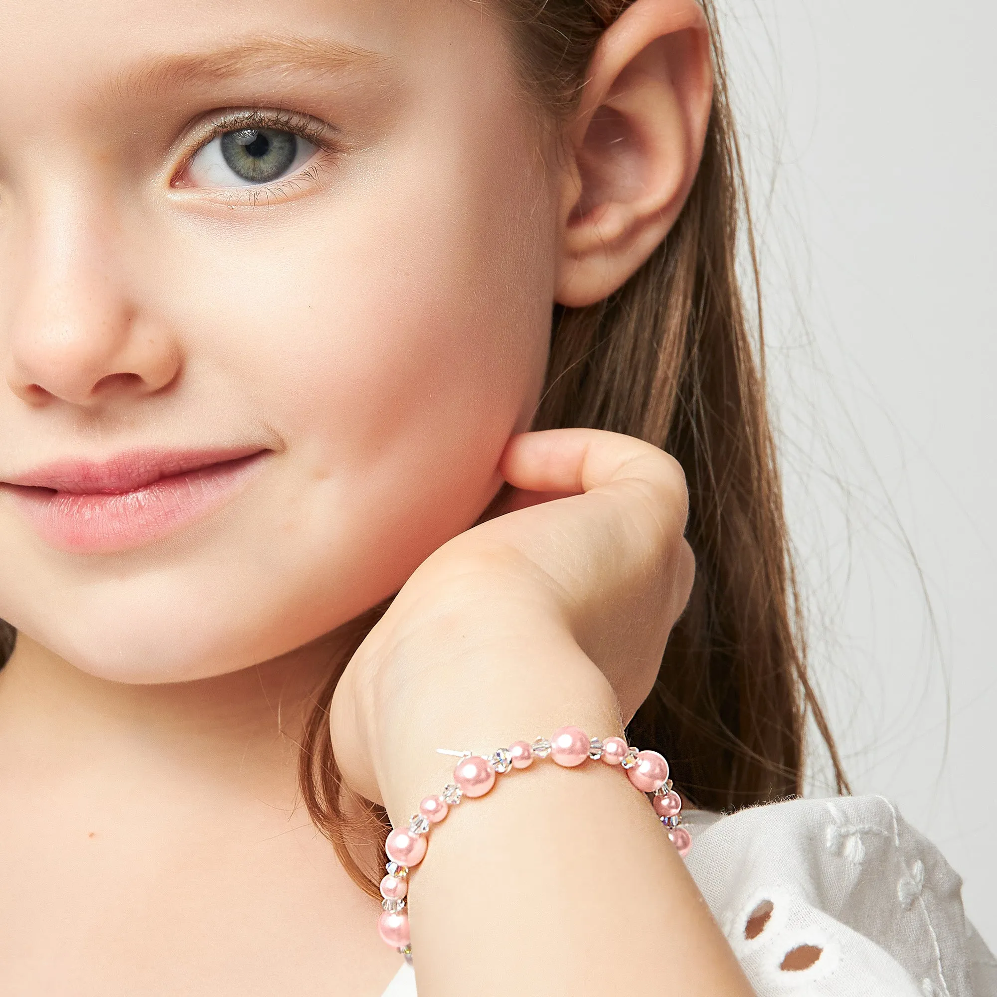 Infant Baby Girl Bracelet with Pink Pearls & Clear Crystals