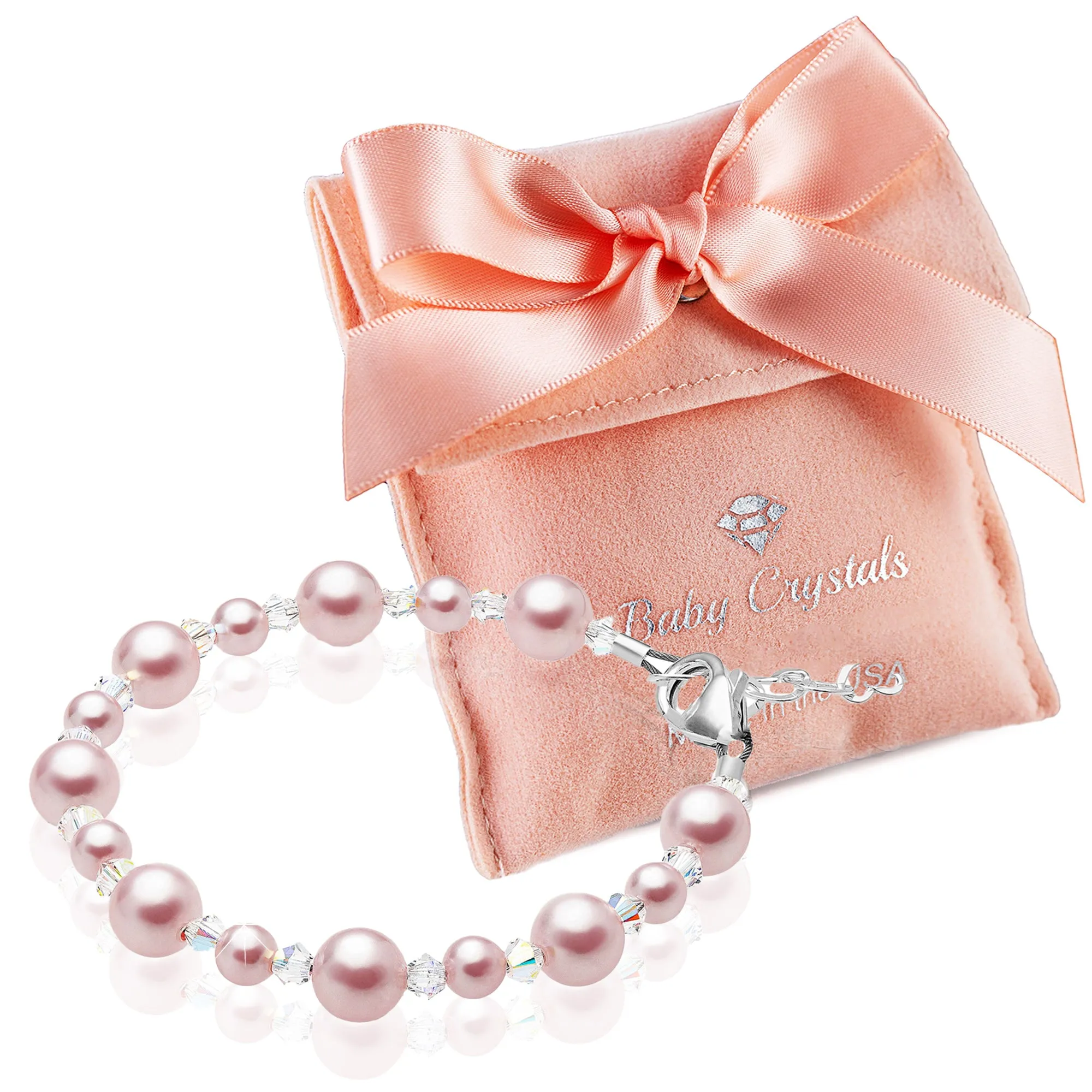 Infant Baby Girl Bracelet with Pink Pearls & Clear Crystals