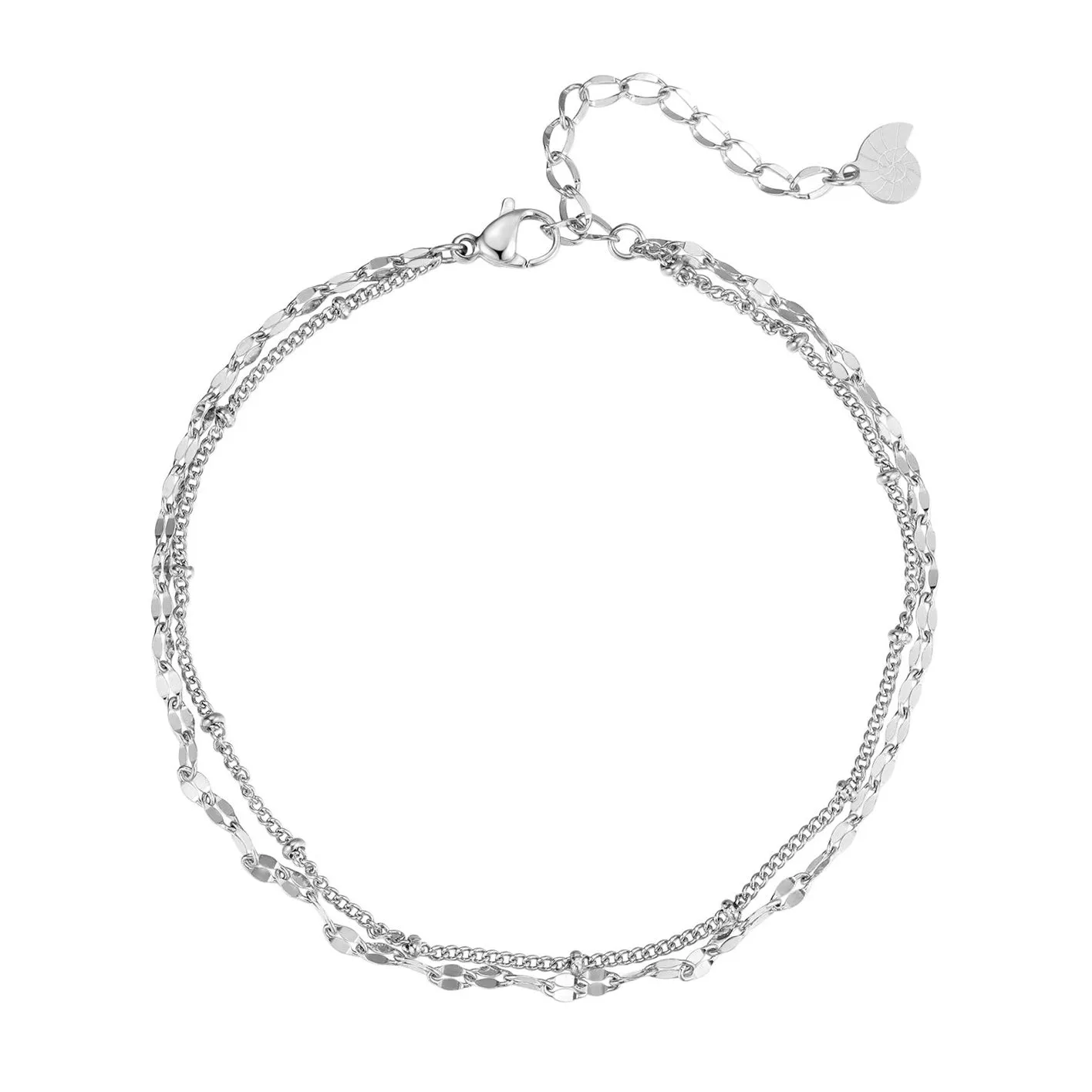 Layered Curb and Bobble Chain Anklet Silver