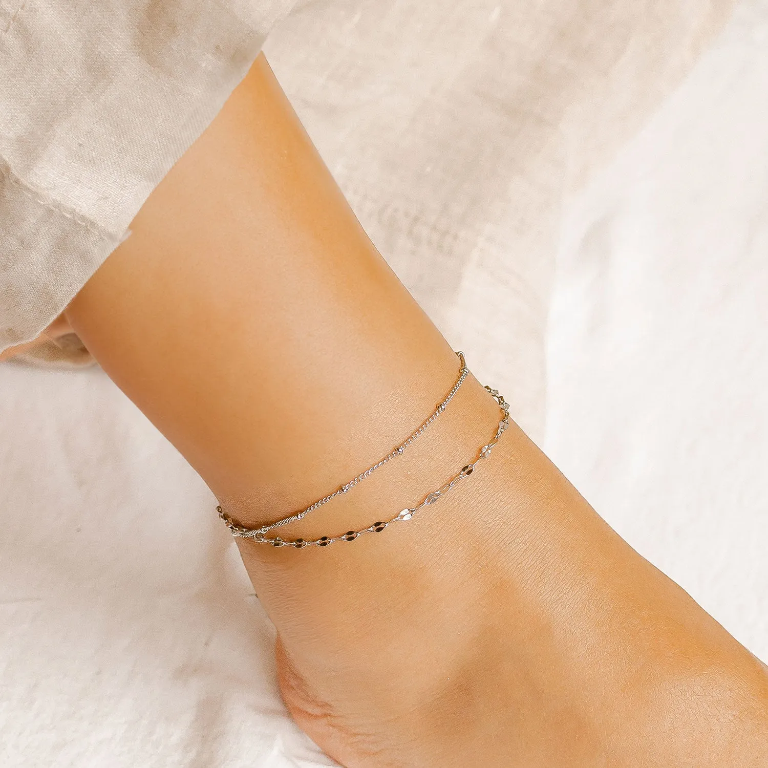 Layered Curb and Bobble Chain Anklet Silver