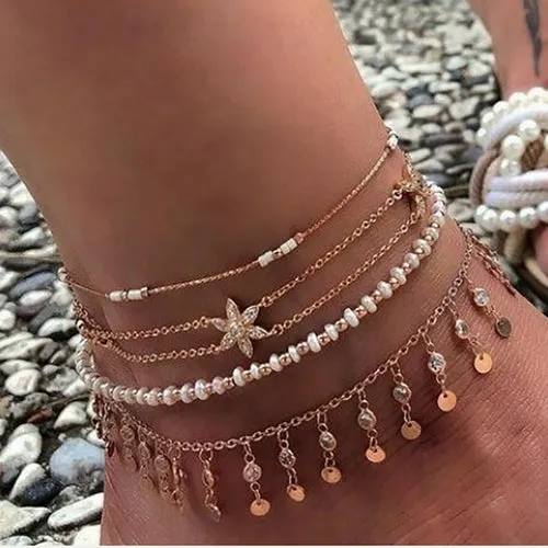 Layered Gold Shell Pendant Chain Ankle Bracelet On Leg Foot