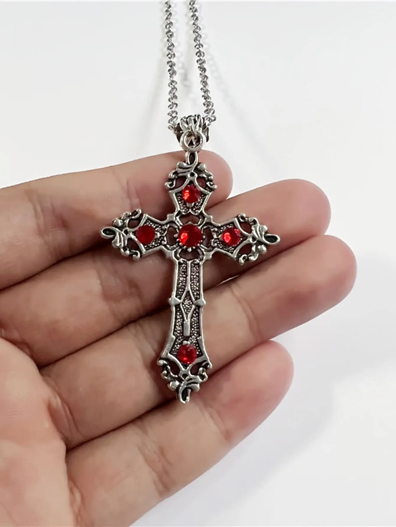 Men Red Rhinestone Cross Charm Necklace Alloy for Men Jewelry for Men Jewelry