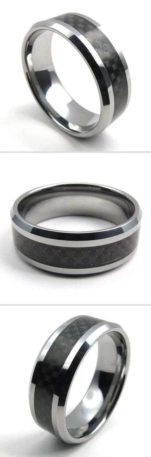 Men's Geometric Carbon Fiber Inlay Polished Tungsten Carbide Ring