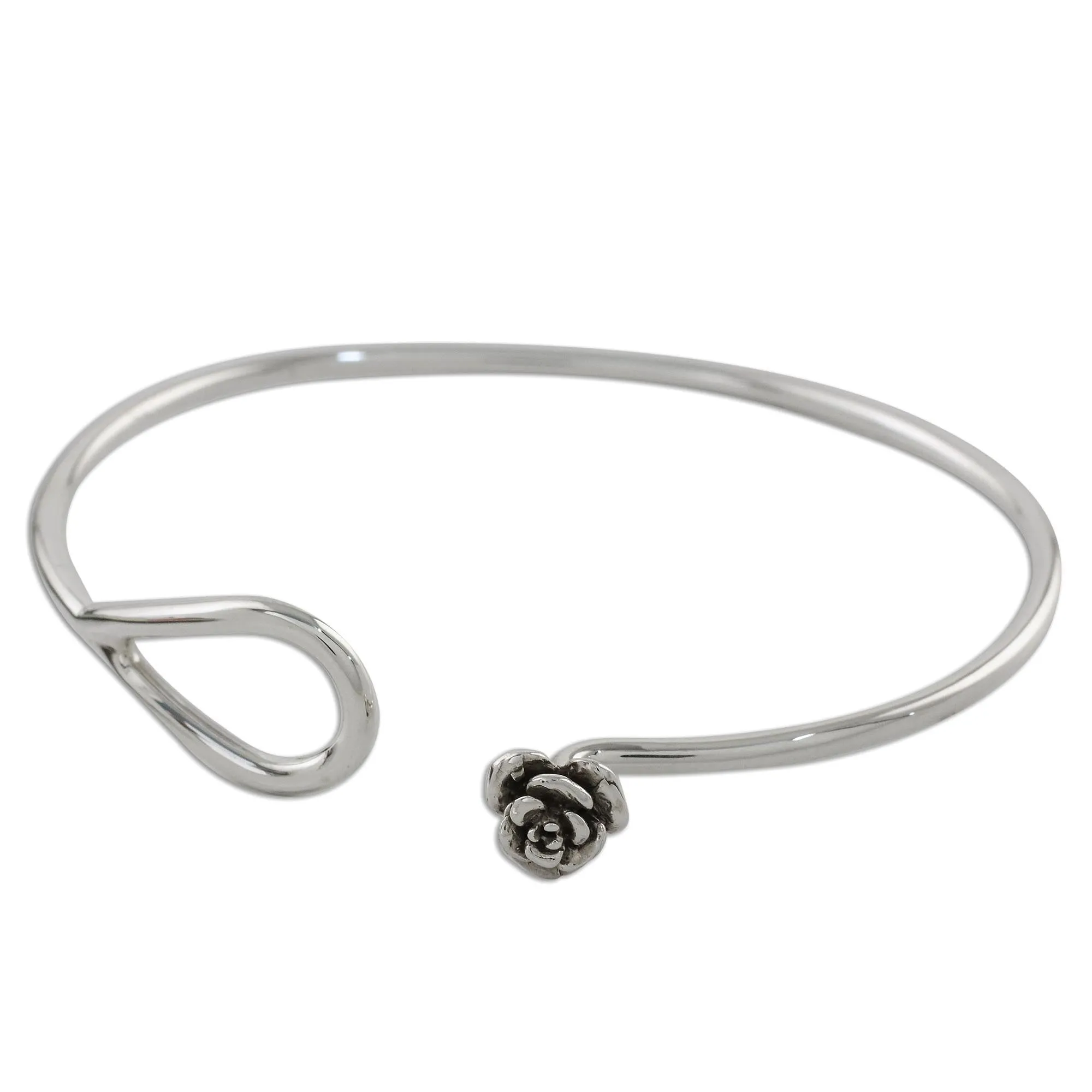 Miniature Rose Sterling Silver Bangle Bracelet with Rose Closure