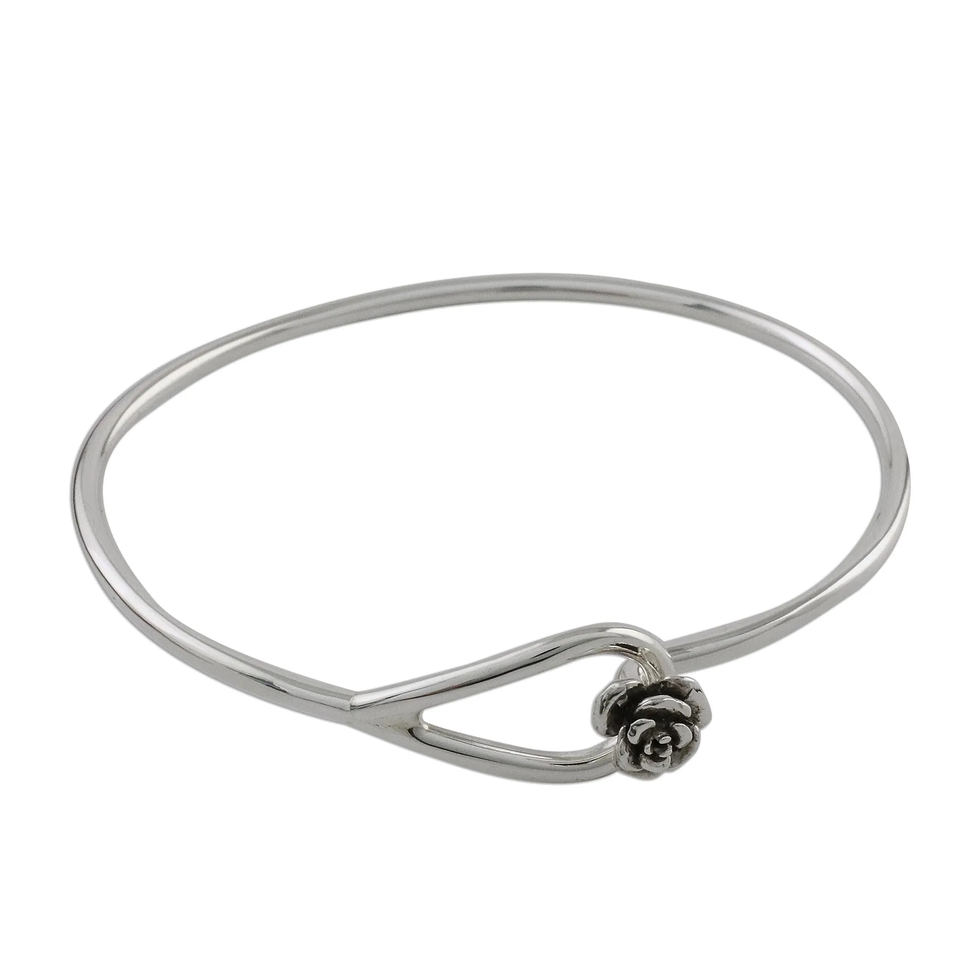 Miniature Rose Sterling Silver Bangle Bracelet with Rose Closure