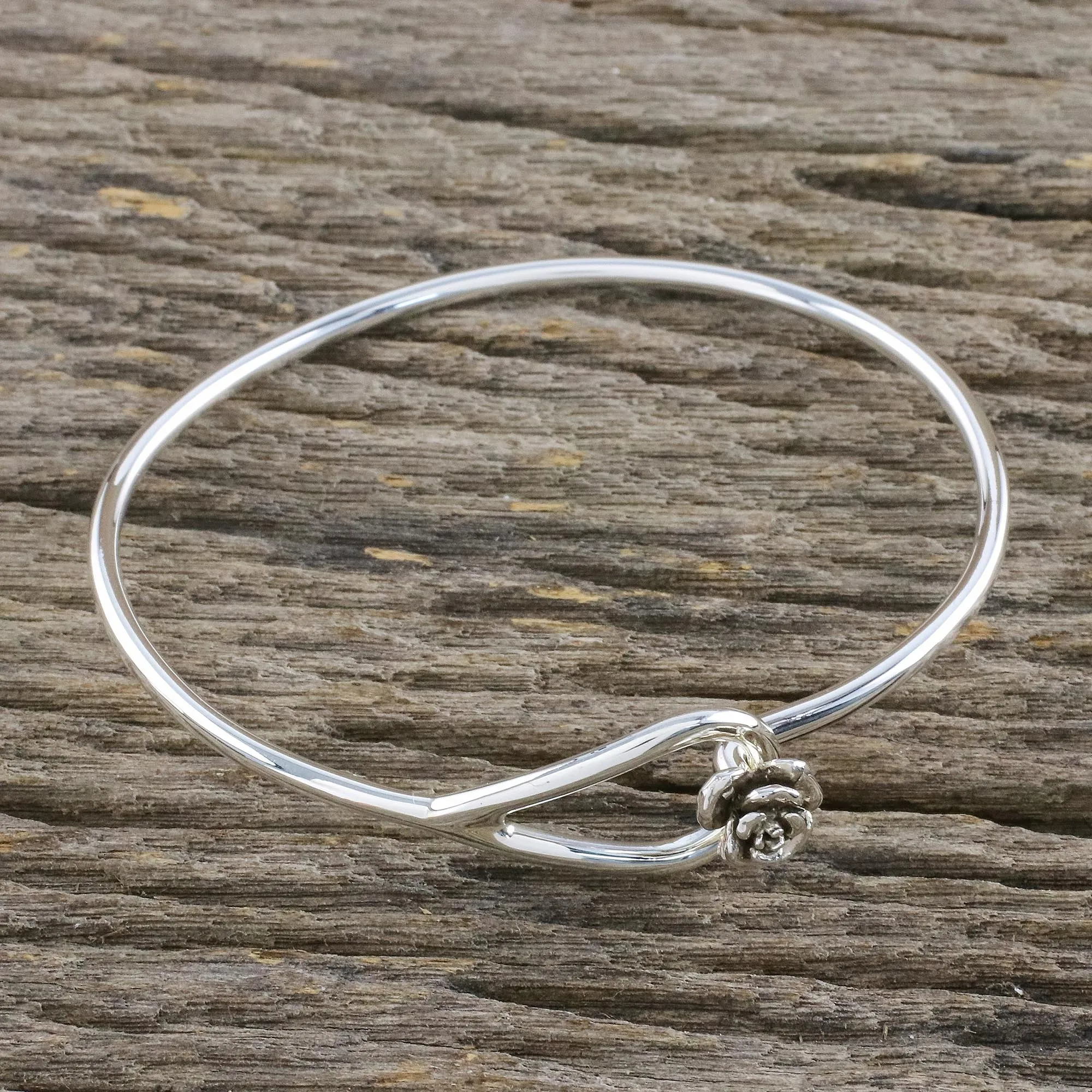 Miniature Rose Sterling Silver Bangle Bracelet with Rose Closure