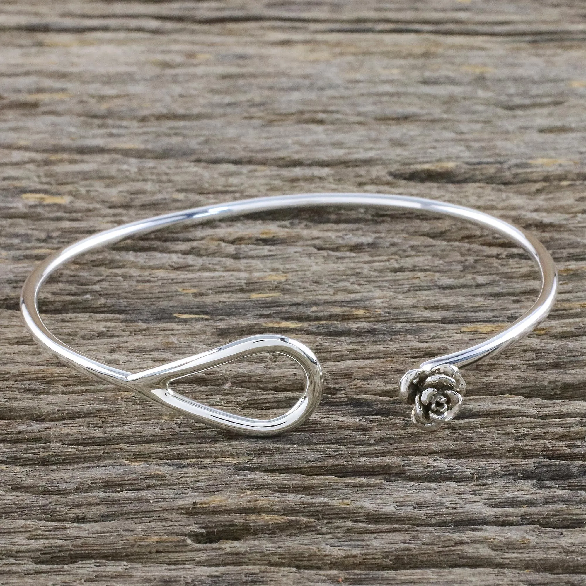 Miniature Rose Sterling Silver Bangle Bracelet with Rose Closure