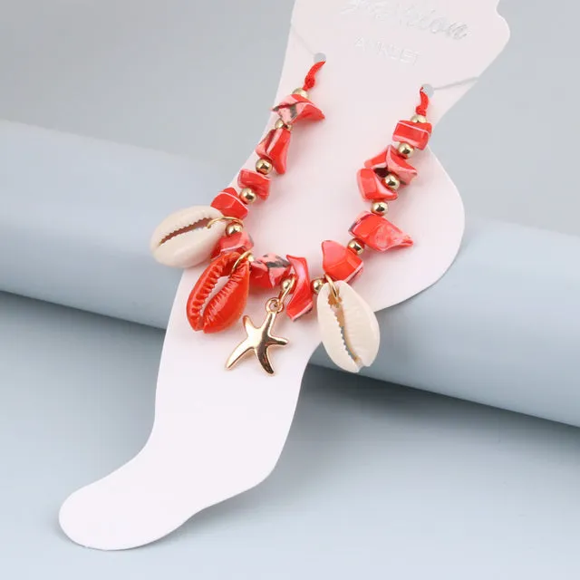 Natural Shell Conch Starfish Beach Barefoot String Cord Woven For Women