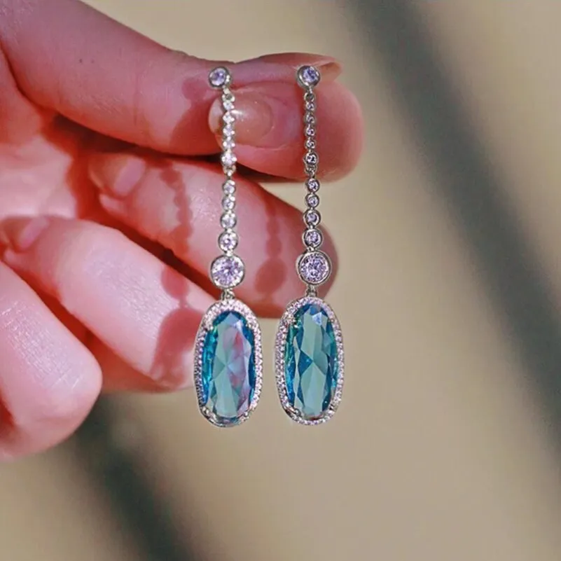 Oval Aquamarine & Clear Cubic Zirconia Delicate Earrings