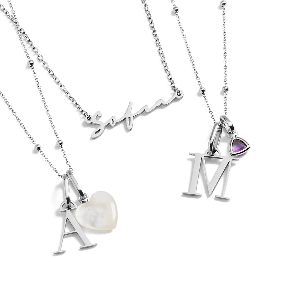 Personalized Initial & Droplet Birthstone Necklace (Silver)