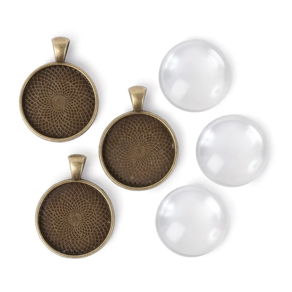 Picture Frame Pendants - Round, Antiqued Goldtone, for 25 mm Pictures - Set of Three