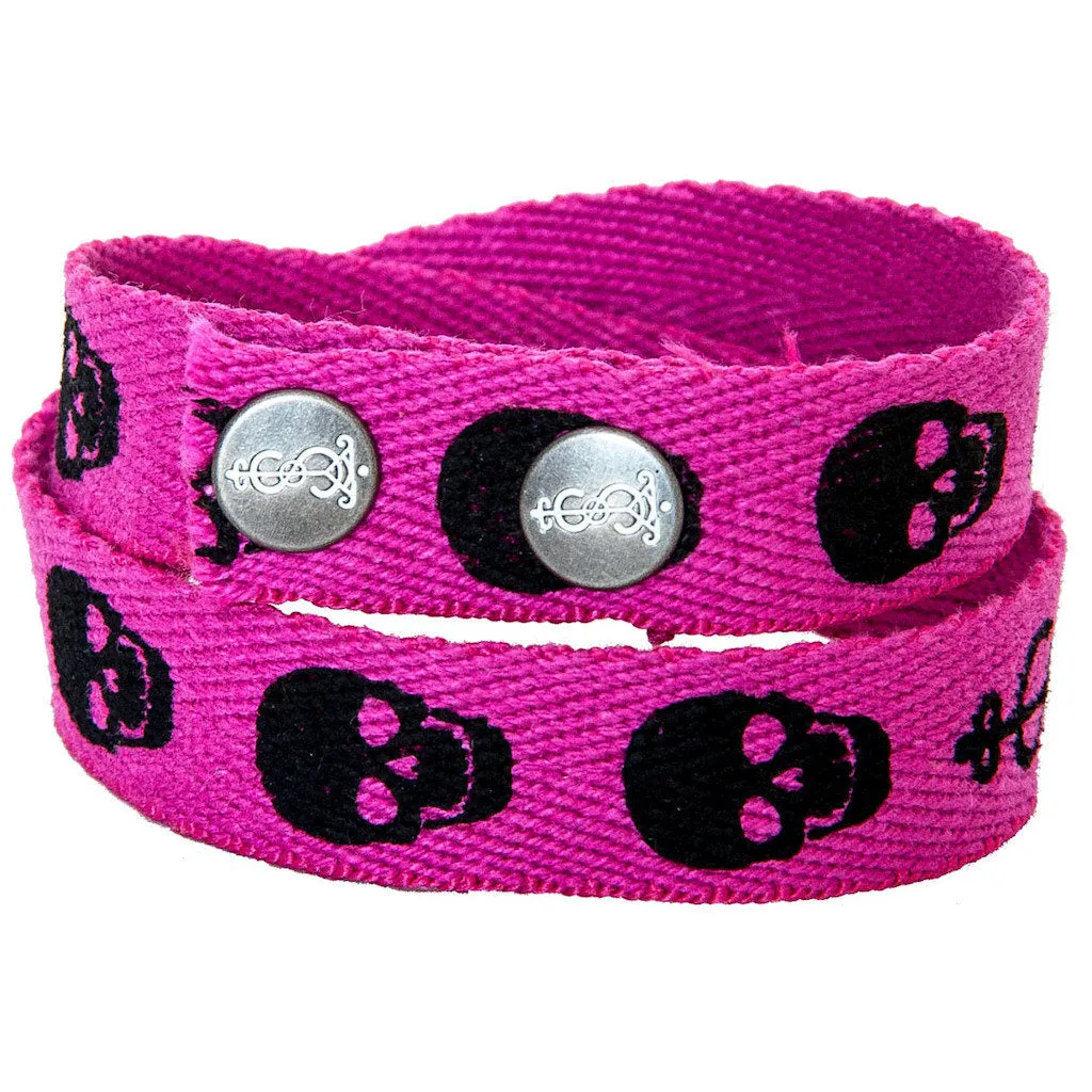 Pink Skull Twill Wrap Bracelet