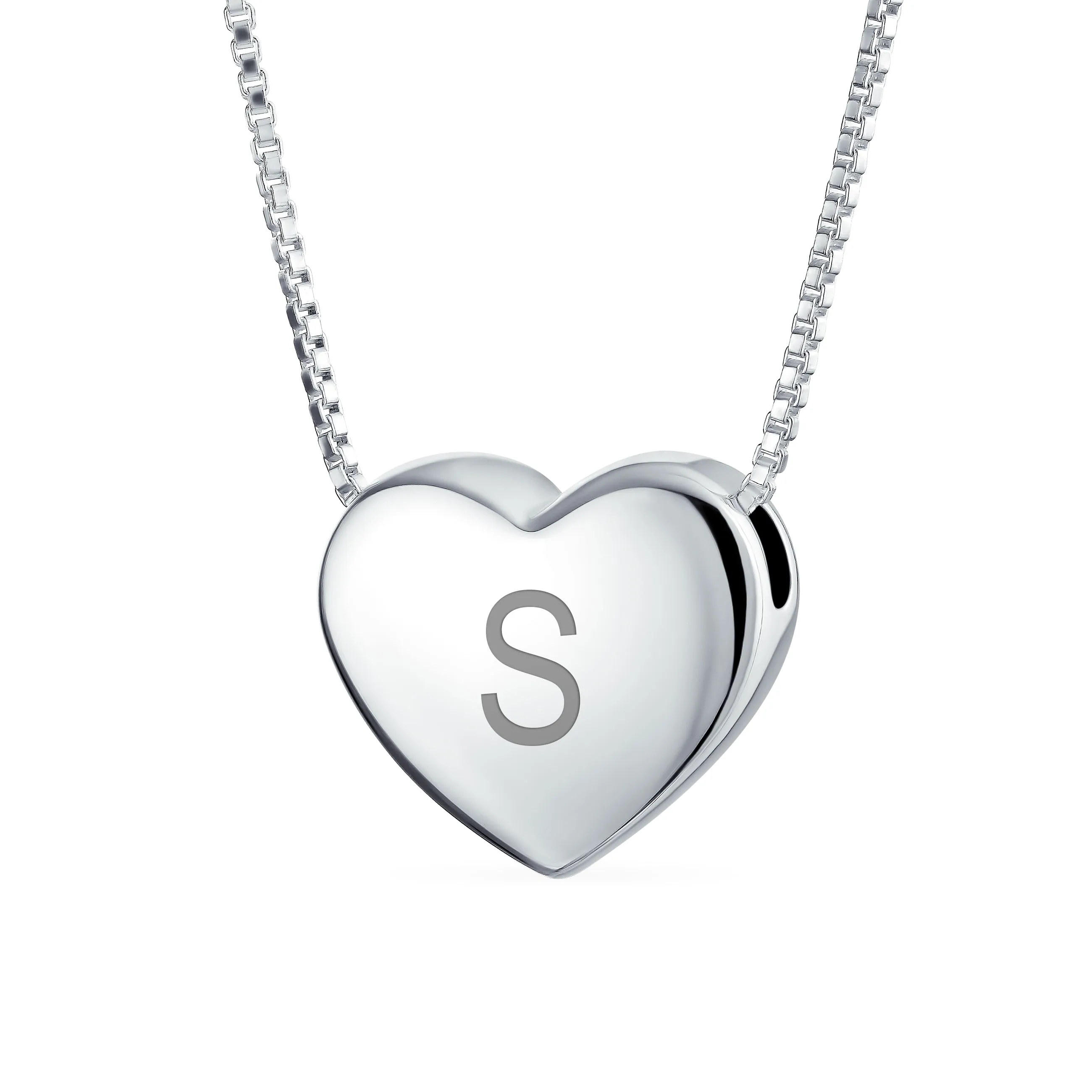 Plain Alphabet A-Z Monogram Heart Pendant Necklace in Sterling Silver