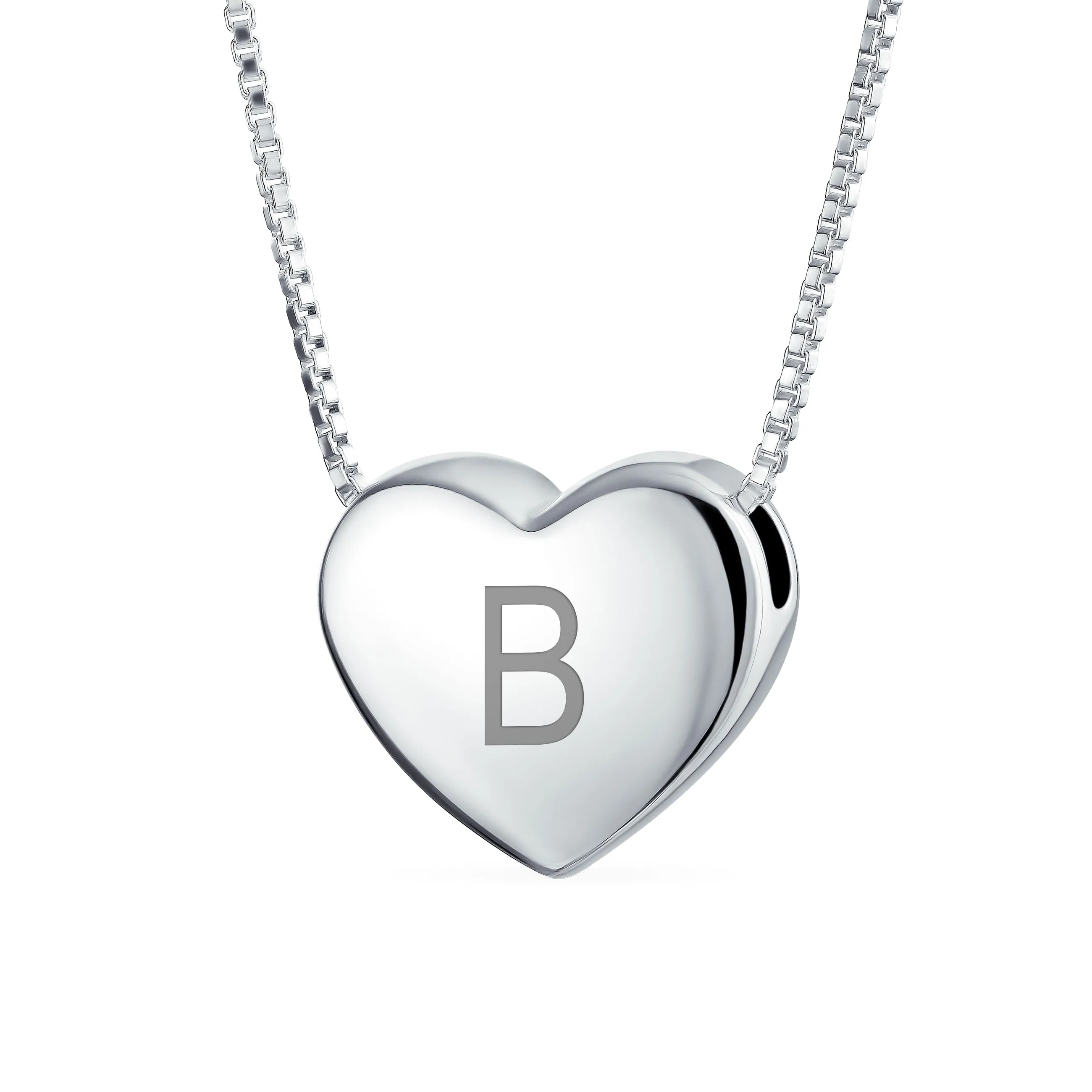 Plain Alphabet A-Z Monogram Heart Pendant Necklace in Sterling Silver