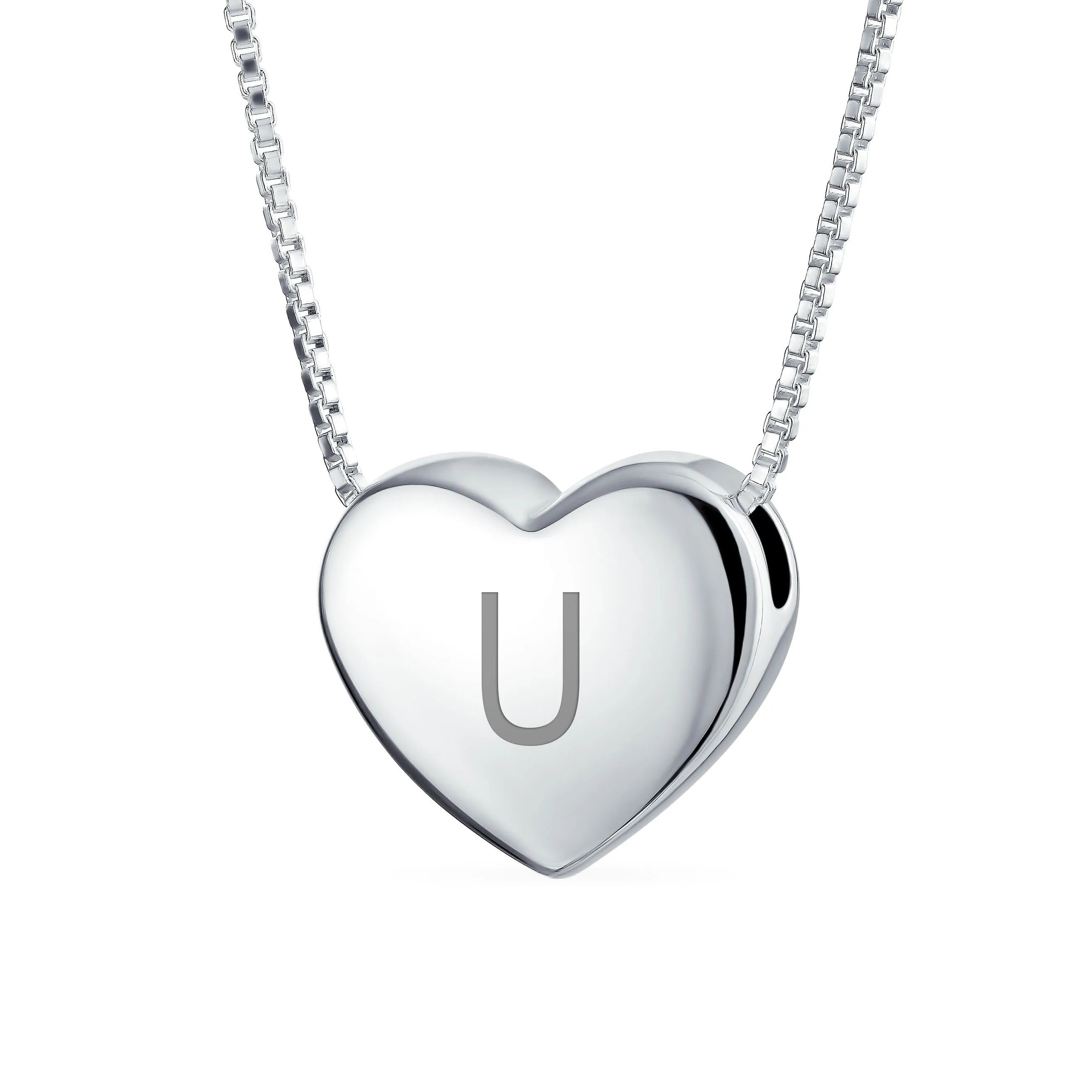 Plain Alphabet A-Z Monogram Heart Pendant Necklace in Sterling Silver