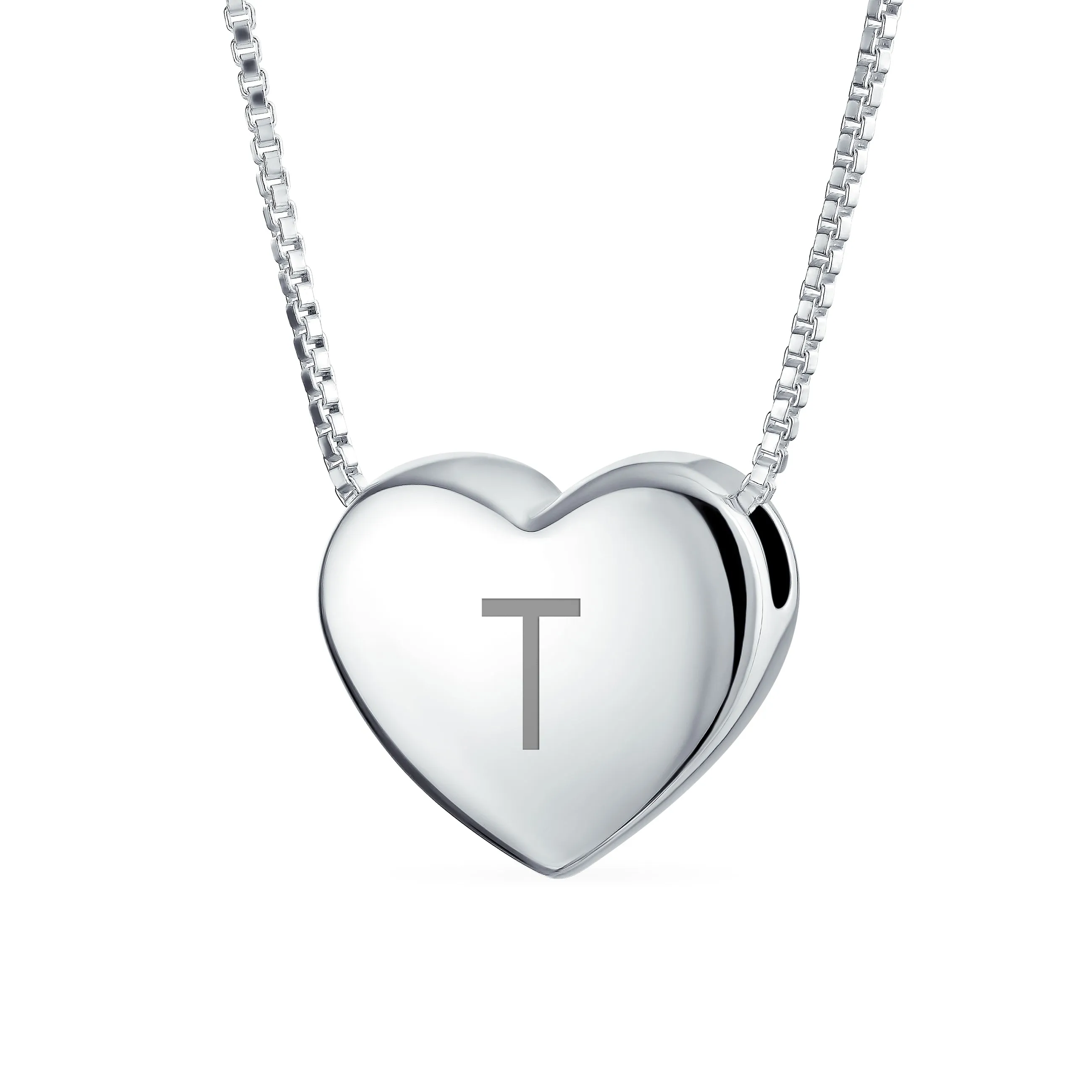 Plain Alphabet A-Z Monogram Heart Pendant Necklace in Sterling Silver