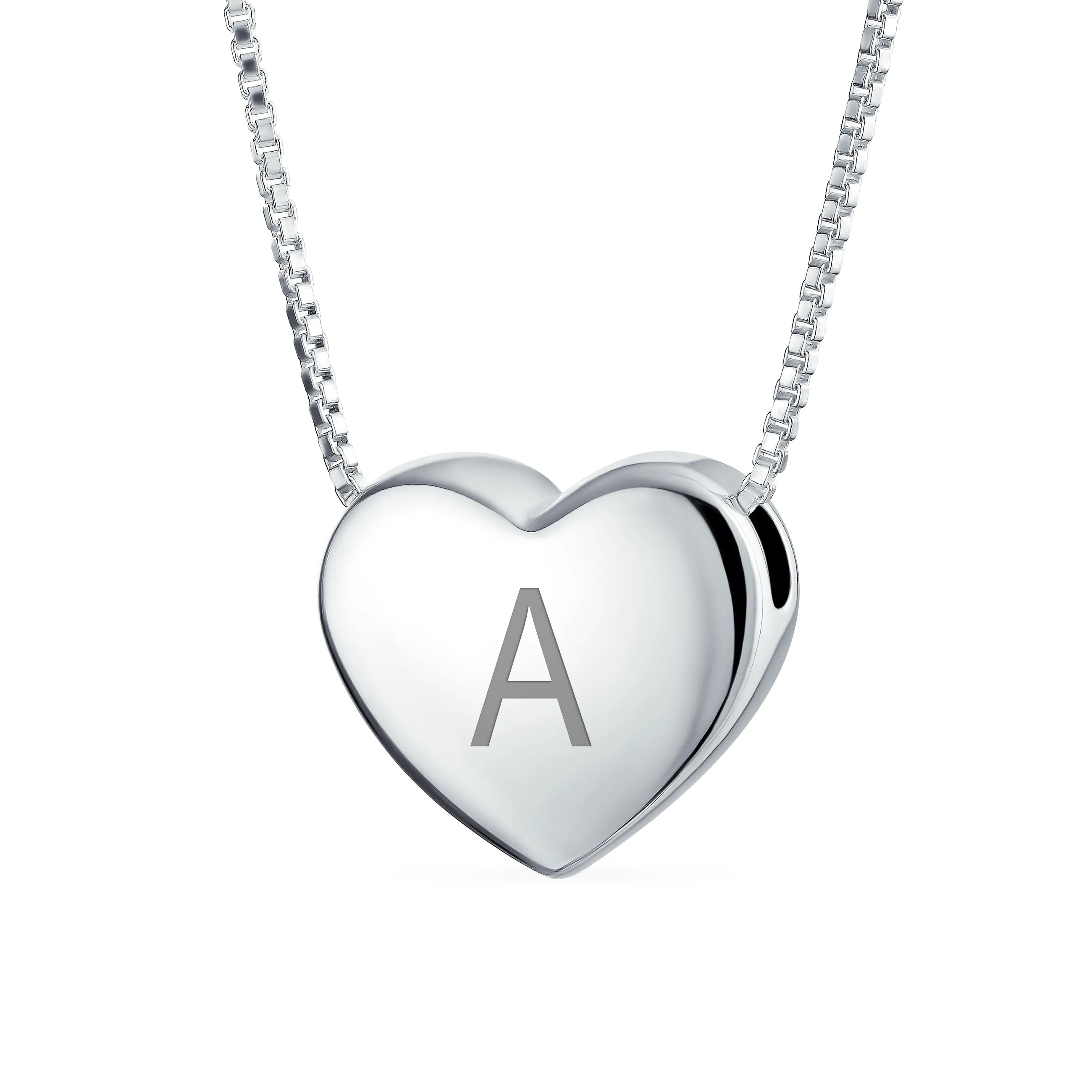 Plain Alphabet A-Z Monogram Heart Pendant Necklace in Sterling Silver