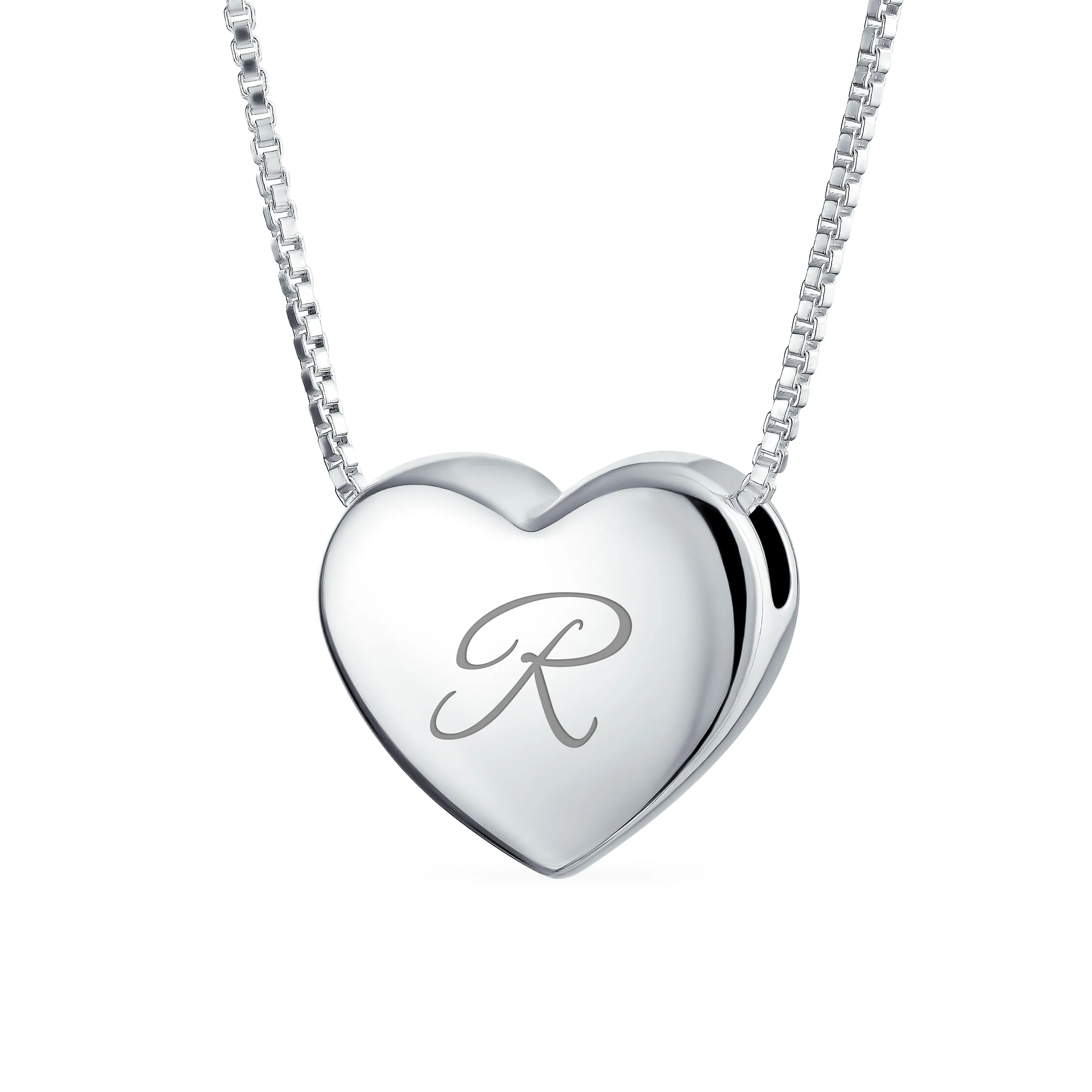 Plain Script Alphabet Initial Heart Pendant Necklace in Sterling Silver