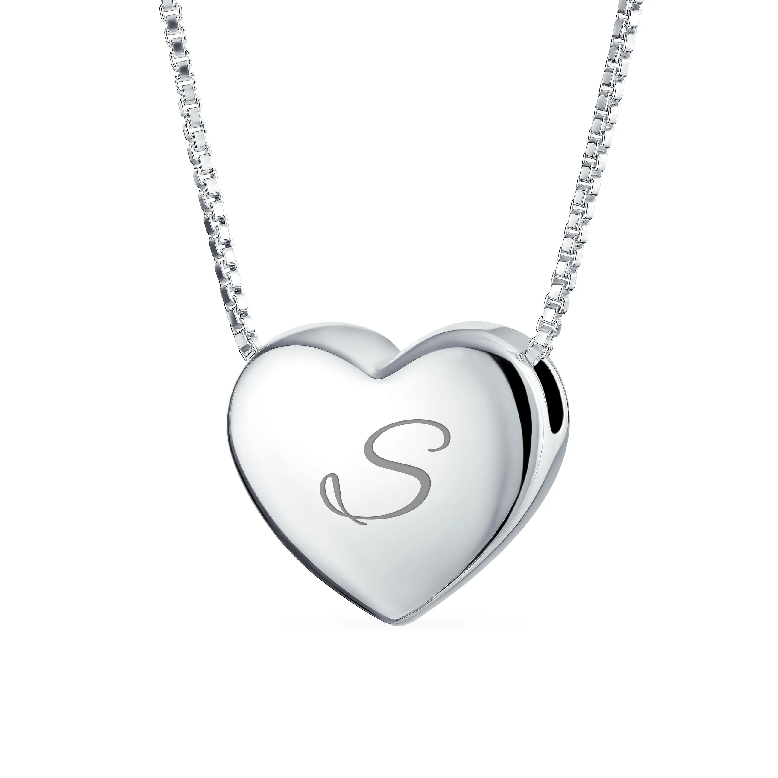 Plain Script Alphabet Initial Heart Pendant Necklace in Sterling Silver