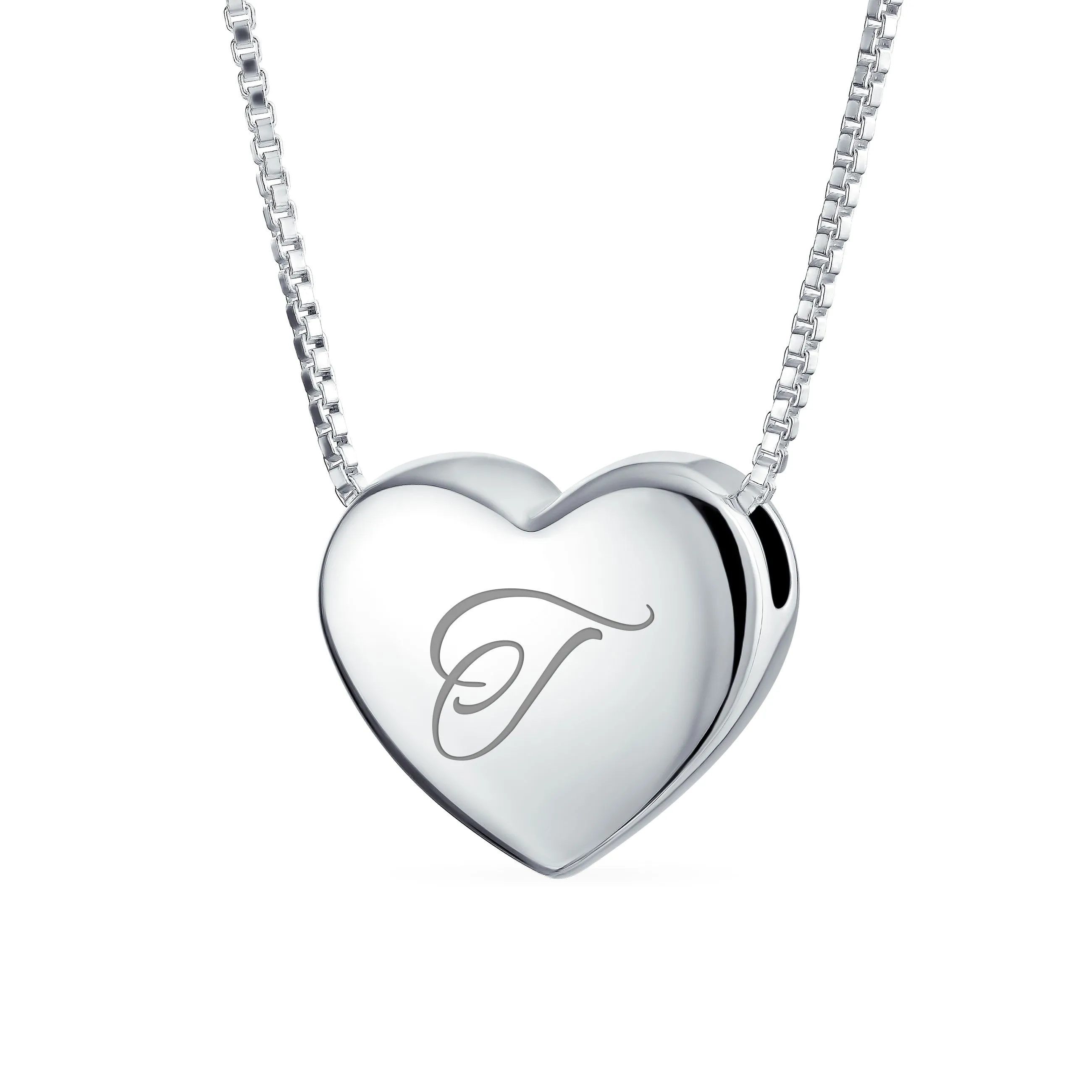 Plain Script Alphabet Initial Heart Pendant Necklace in Sterling Silver