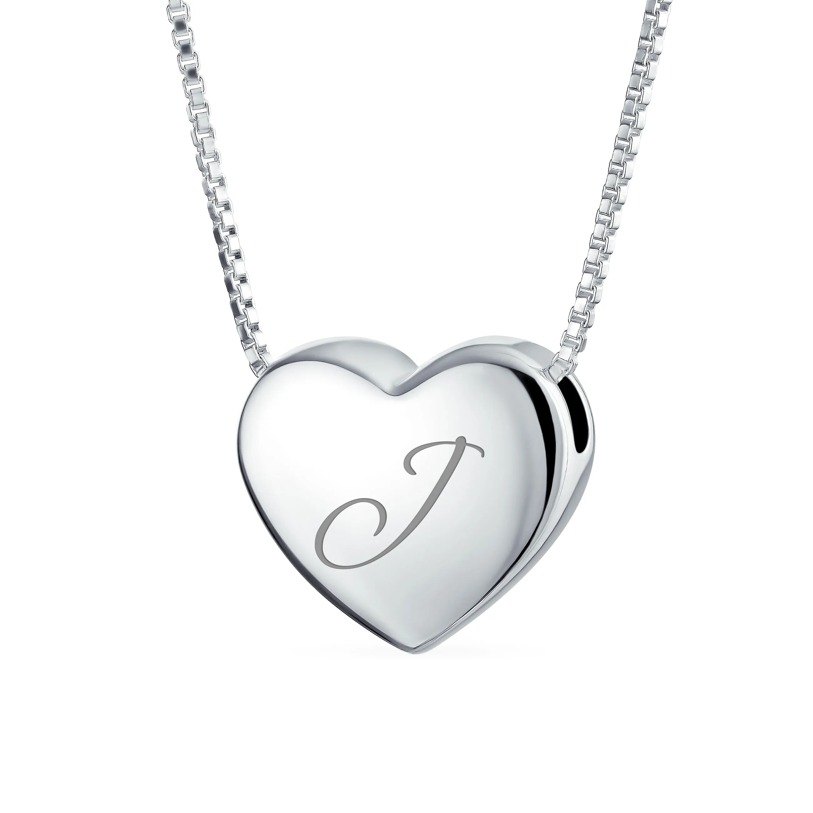 Plain Script Alphabet Initial Heart Pendant Necklace in Sterling Silver