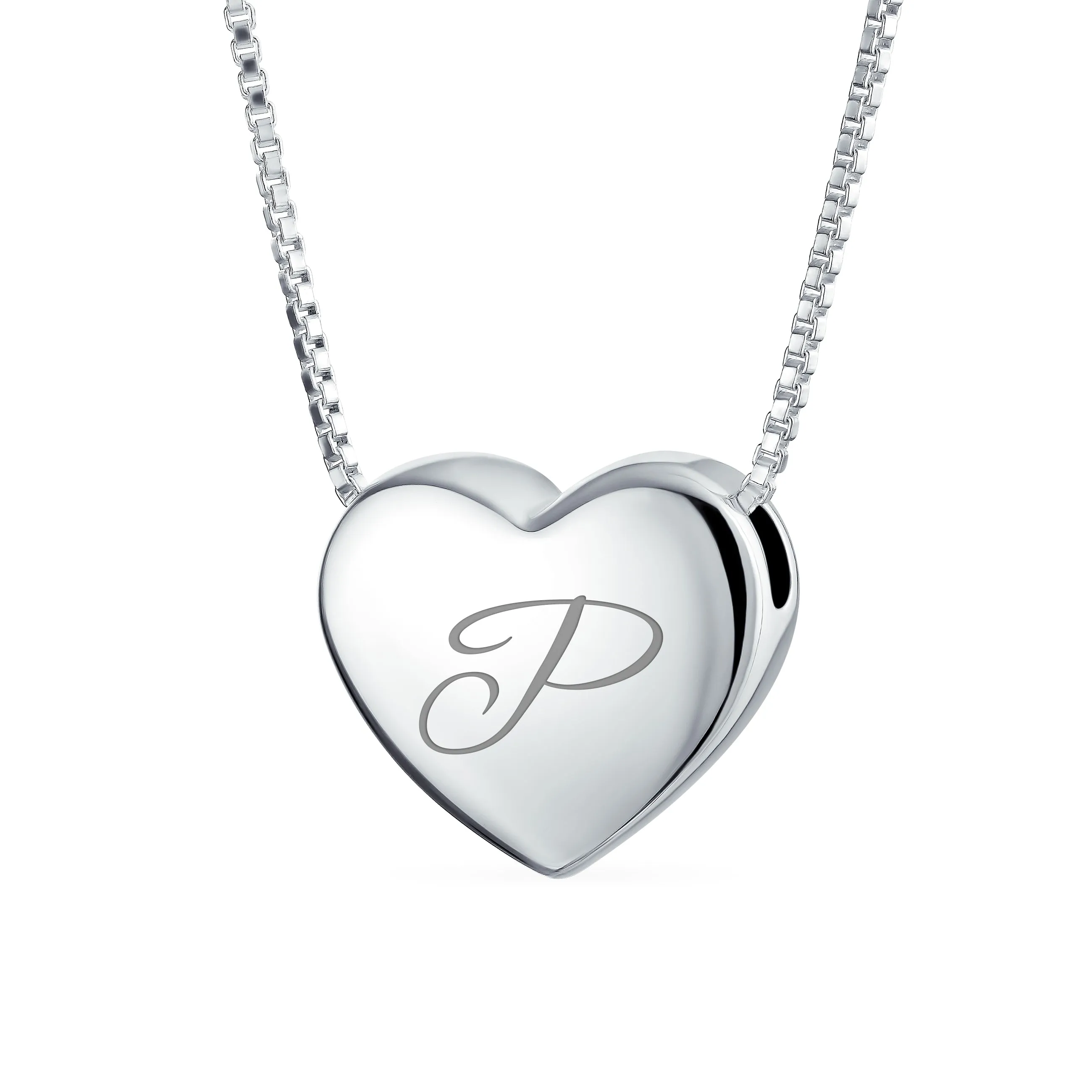 Plain Script Alphabet Initial Heart Pendant Necklace in Sterling Silver