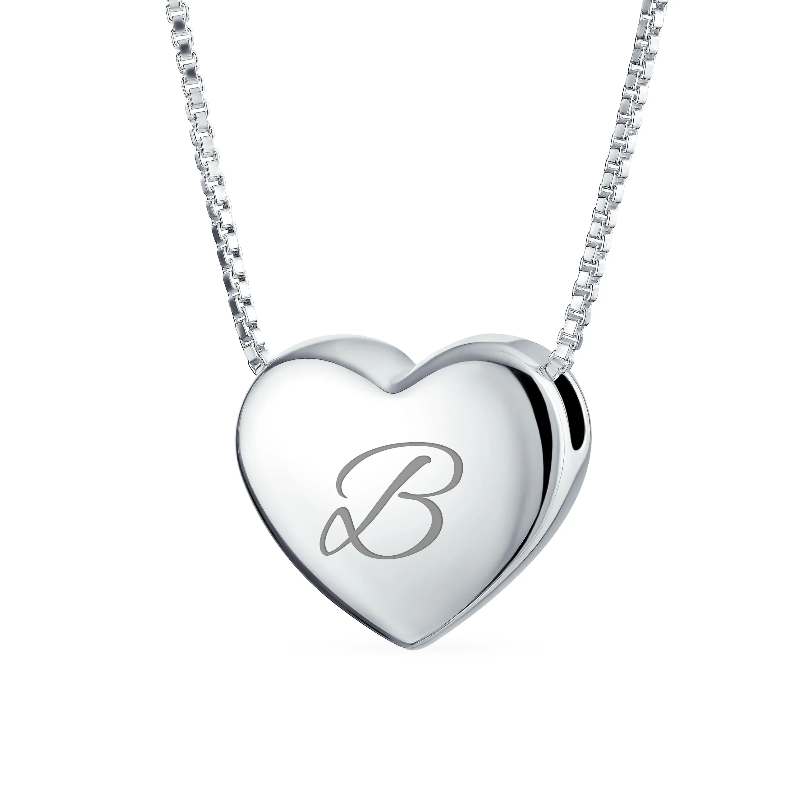 Plain Script Alphabet Initial Heart Pendant Necklace in Sterling Silver